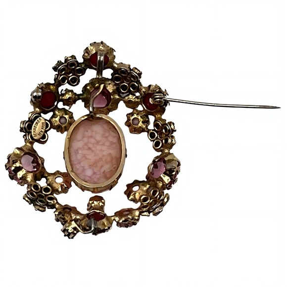 Vintage Schreiner New York Brooch Mid Century Pink Cabochon Rhinestones, Pearls - Picture 7 of 9